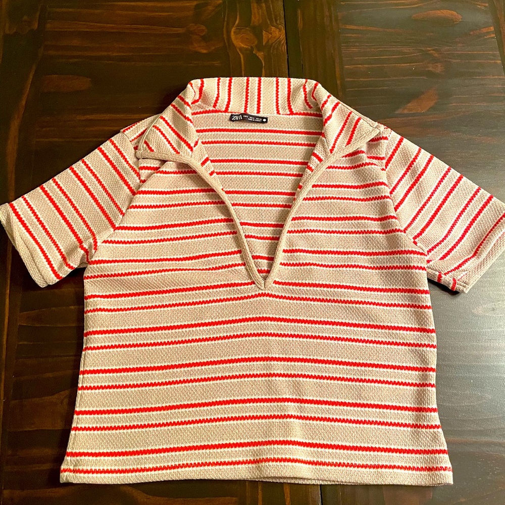 Brand new without tags Zara Orange Cream and Taupe striped vintage-look shirt S
